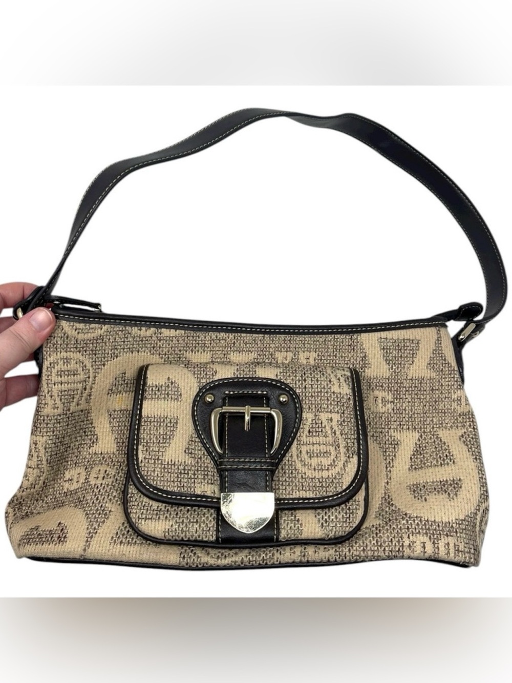Etienne Aigner All Over Logo Print Shoulder Bag Purse Tan, Brown & Gold Hardware